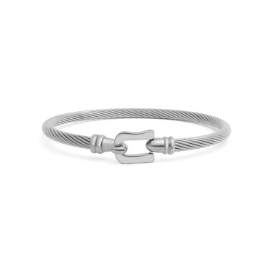 Silver bracelet with a buckle clasp on a white background