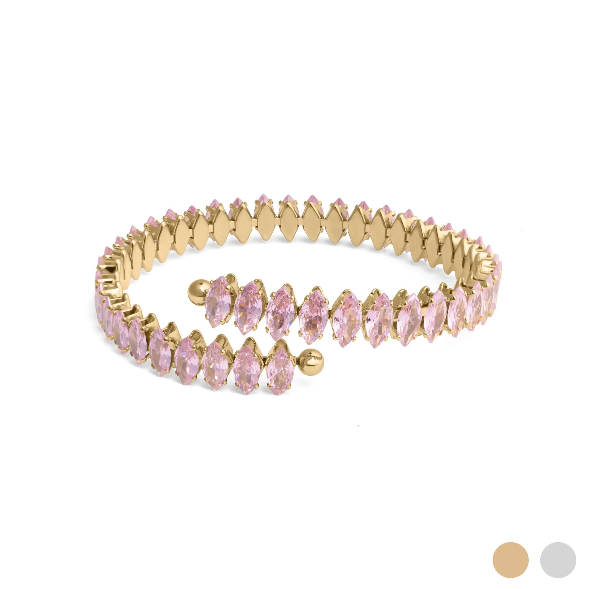 Gold bracelet with pink gemstones on a white background