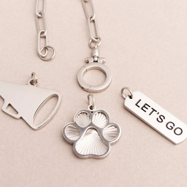 Silver dog tag with paw print and 'LET'S GO' tag on a beige background