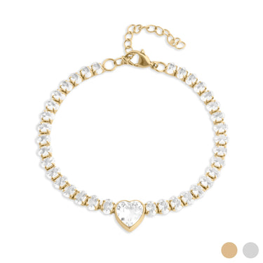 Gold bracelet with heart-shaped crystal on a white background