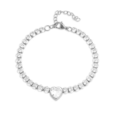 Silver bracelet with heart-shaped clasp on a white background