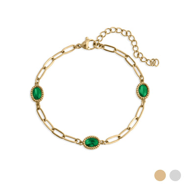 18K Gold PVD Stainless Steel Paperclip Emerald Stone Station Bracelet / BRJ1133