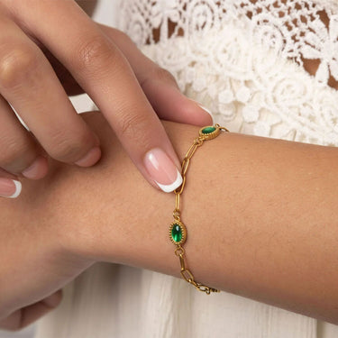 18K Gold PVD Stainless Steel Paperclip Emerald Stone Station Bracelet / BRJ1133