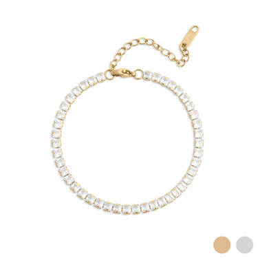 Gold bracelet with clear crystals on a white background