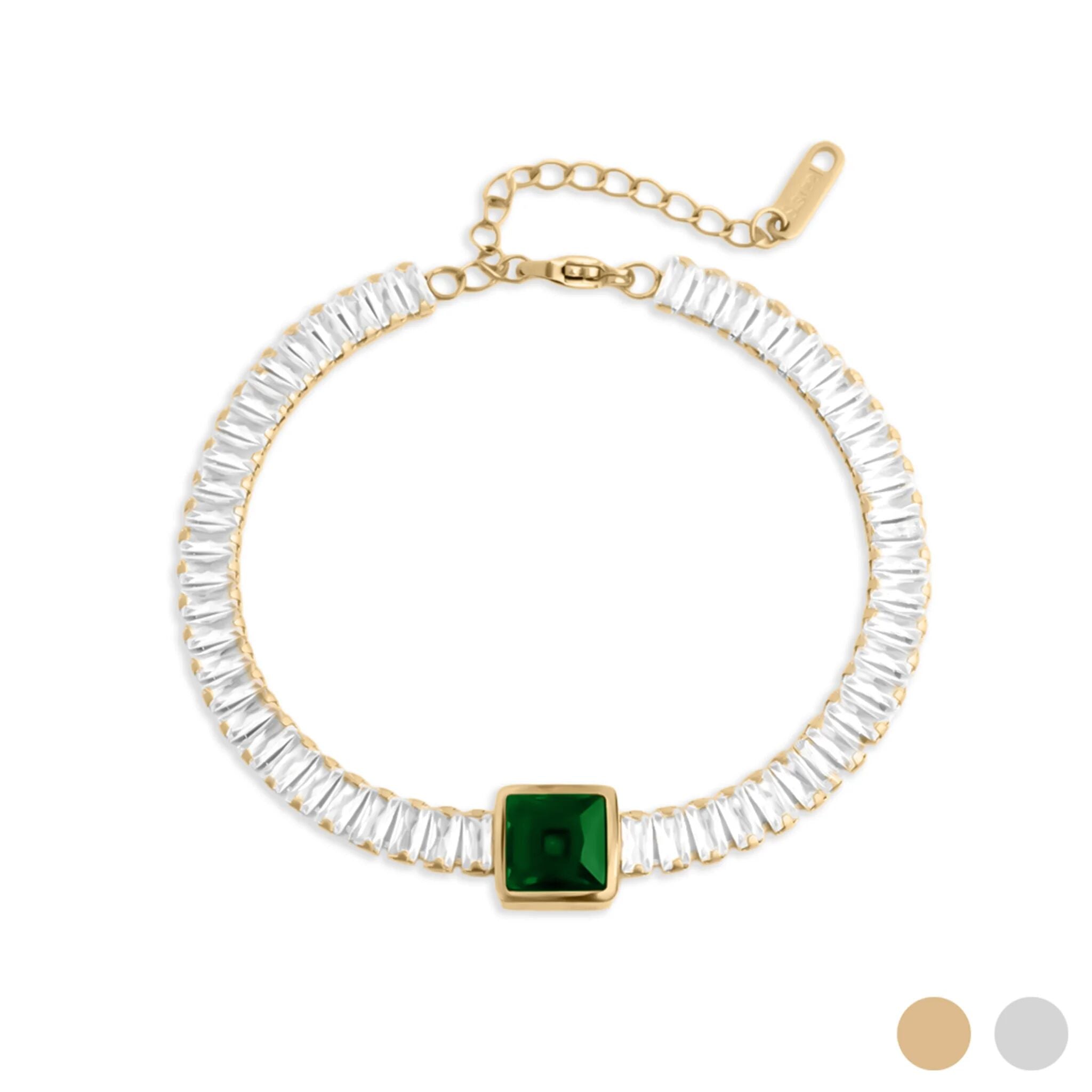 18K Gold PVD Stainless Steel Square Stone Emerald Tennis Chain Bracelet / BRJ1138