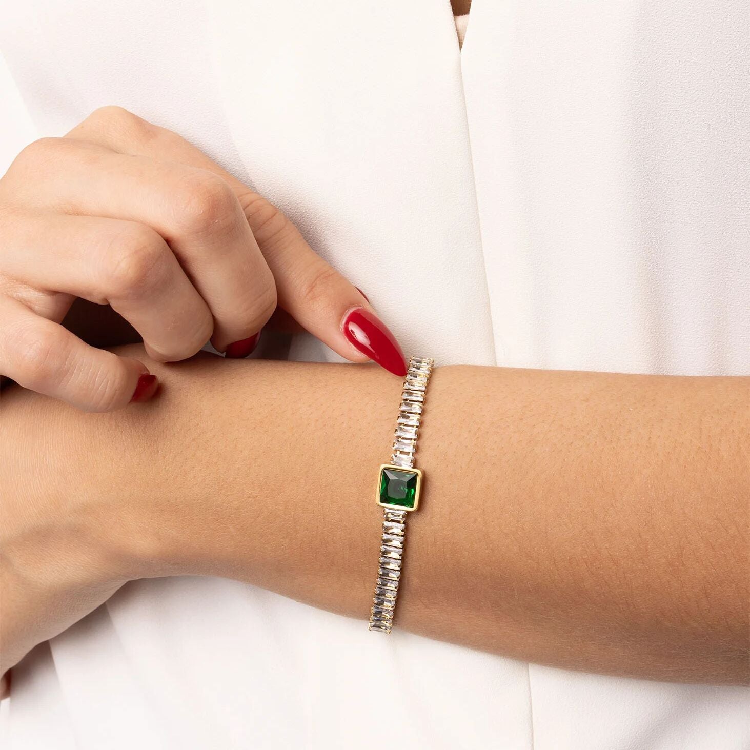 18K Gold PVD Stainless Steel Square Stone Emerald Tennis Chain Bracelet / BRJ1138