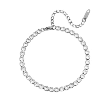 Silver bracelet with clear stones on a white background