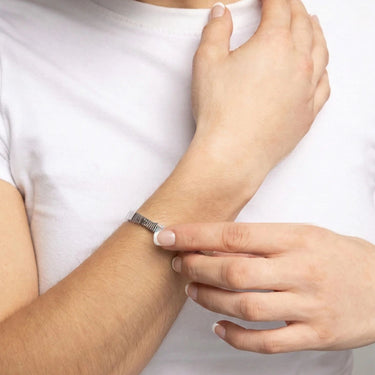Silver Fluted Floral Bangle on model