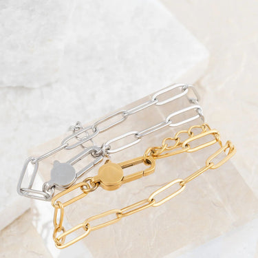 Wholesale jewelry 18K Gold PVD Stainless Steel Lock Paperclip Bracelet- gold and stainless studio 