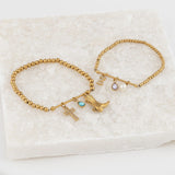 Wholesale jewelry 18K Gold PVD Stainless Steel Beaded Stretch Charm Holder Bracelet - gold studio 3mm and 4mm 
