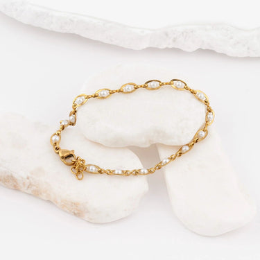 Wholesale jewelry 18K Gold PVD Stainless Steel Glass Pearl Chain Bracelet- gold studio