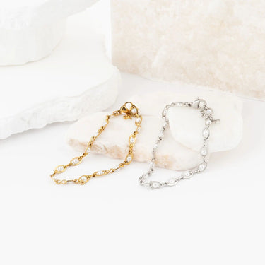 Wholesale jewelry 18K Gold PVD Stainless Steel Glass Pearl Chain Bracelet- stainless and gold studio