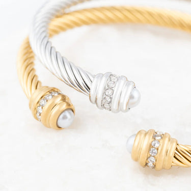 Wholesale jewelry 18K Gold PVD Stainless Steel Pearl Twisted Bangle Bracelet- stainless and gold studio 