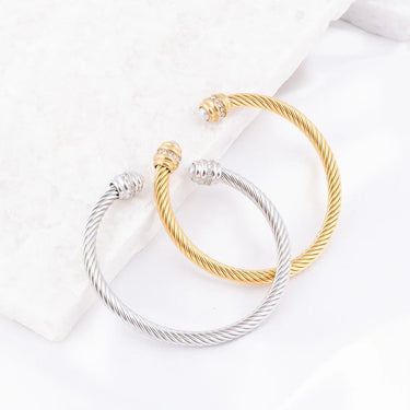 Wholesale jewelry 18K Gold PVD Stainless Steel Pearl Twisted Bangle Bracelet- stainless and gold studio 