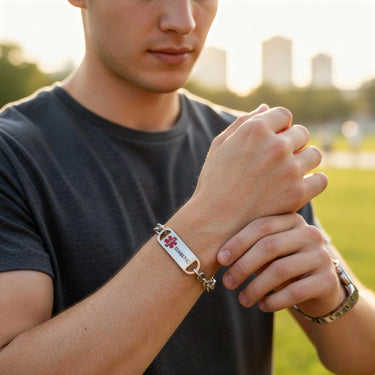 Person wearing a bracelet with a medical emblem outdoors