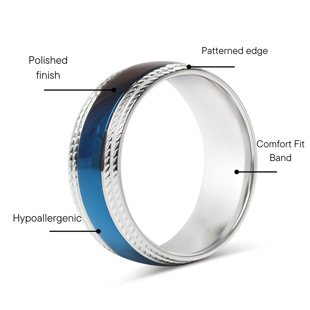 Blue Center With Lined Patterned Edge Stainless Steel Ring Feature Graphic