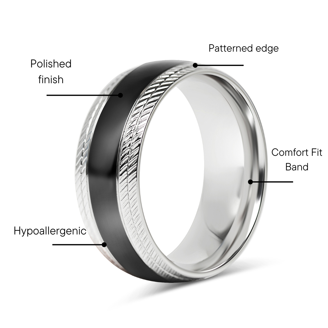 Black Center Stainless Steel Lined Pattern Edge Ring Feature Graphic