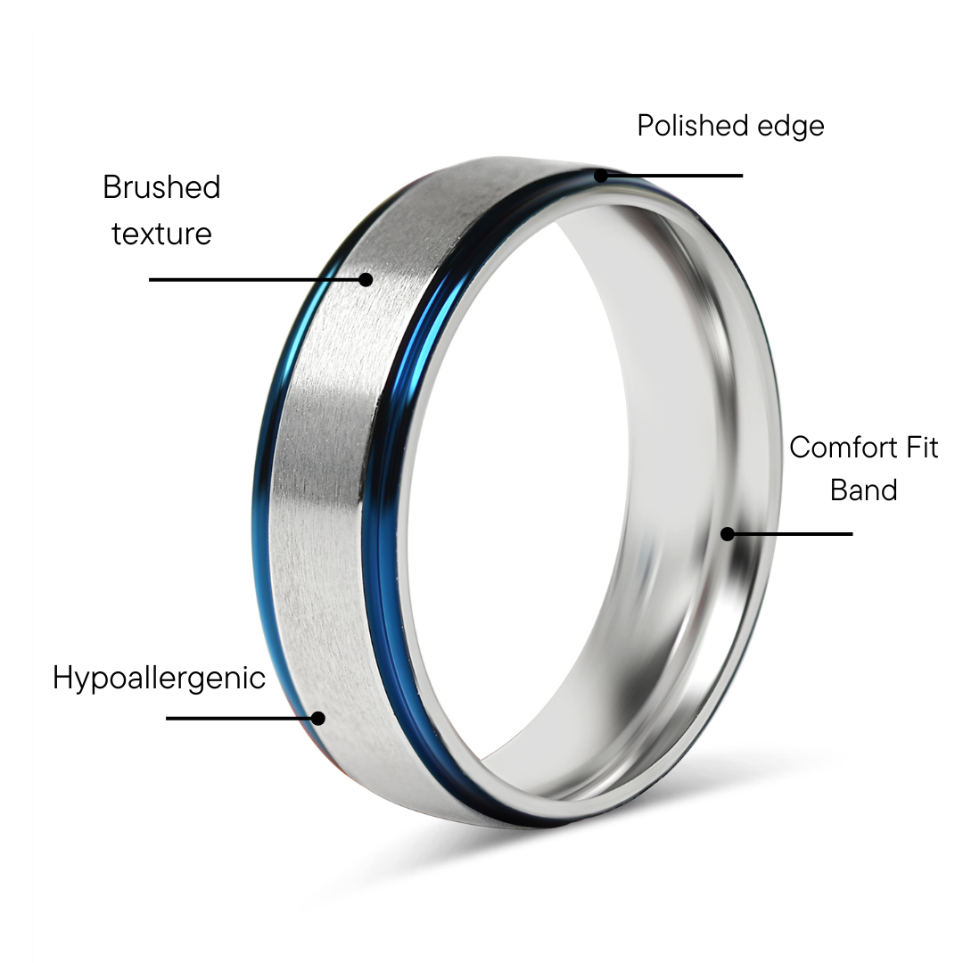 Stainless Steel Blue Trim With Brushed Center Ring Feature Graphic