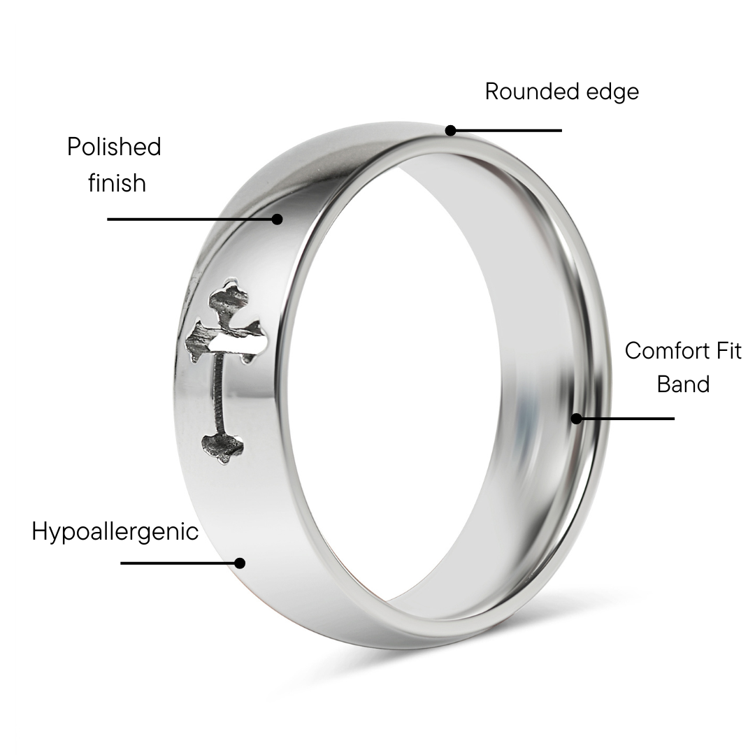 Cross Cutout Polished Stainless Steel Ring Feature Graphic