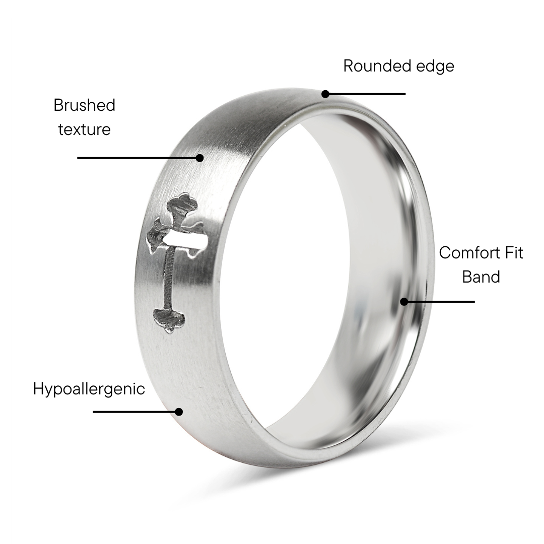 Cross Cutout Brushed Stainless Steel Ring