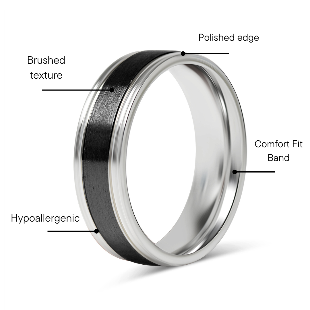 Black Center Polished Stainless Steel Ring Feature Graphic