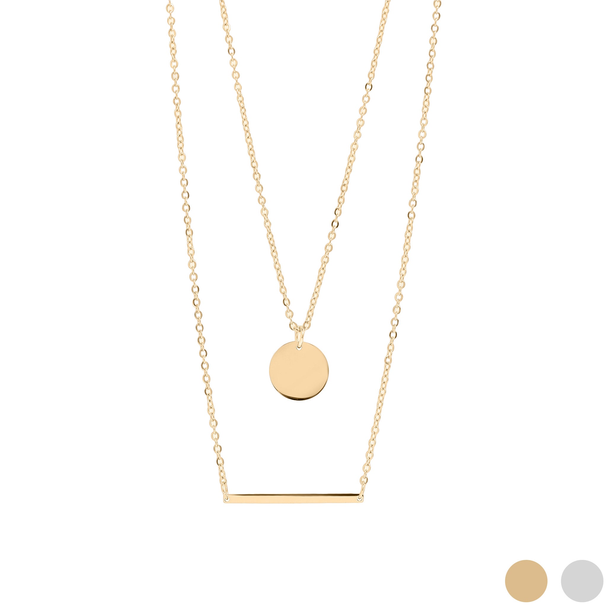 18K Gold PVD Layered Bar & Circle Pendant Loop Chain Necklace