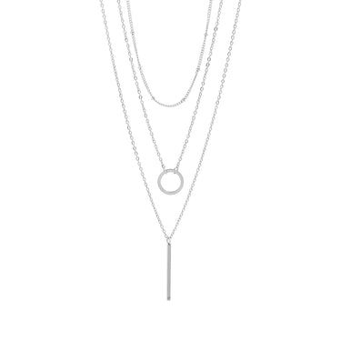 Stainless Steel Loop & Satellite 3 Row Layered Chain Necklace