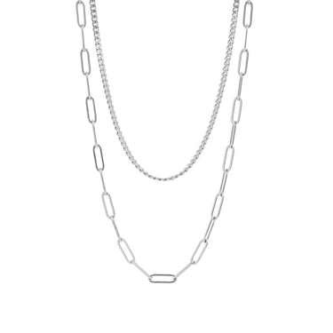 Stainless Steel Layered Curb & Paperclip Chain Necklace