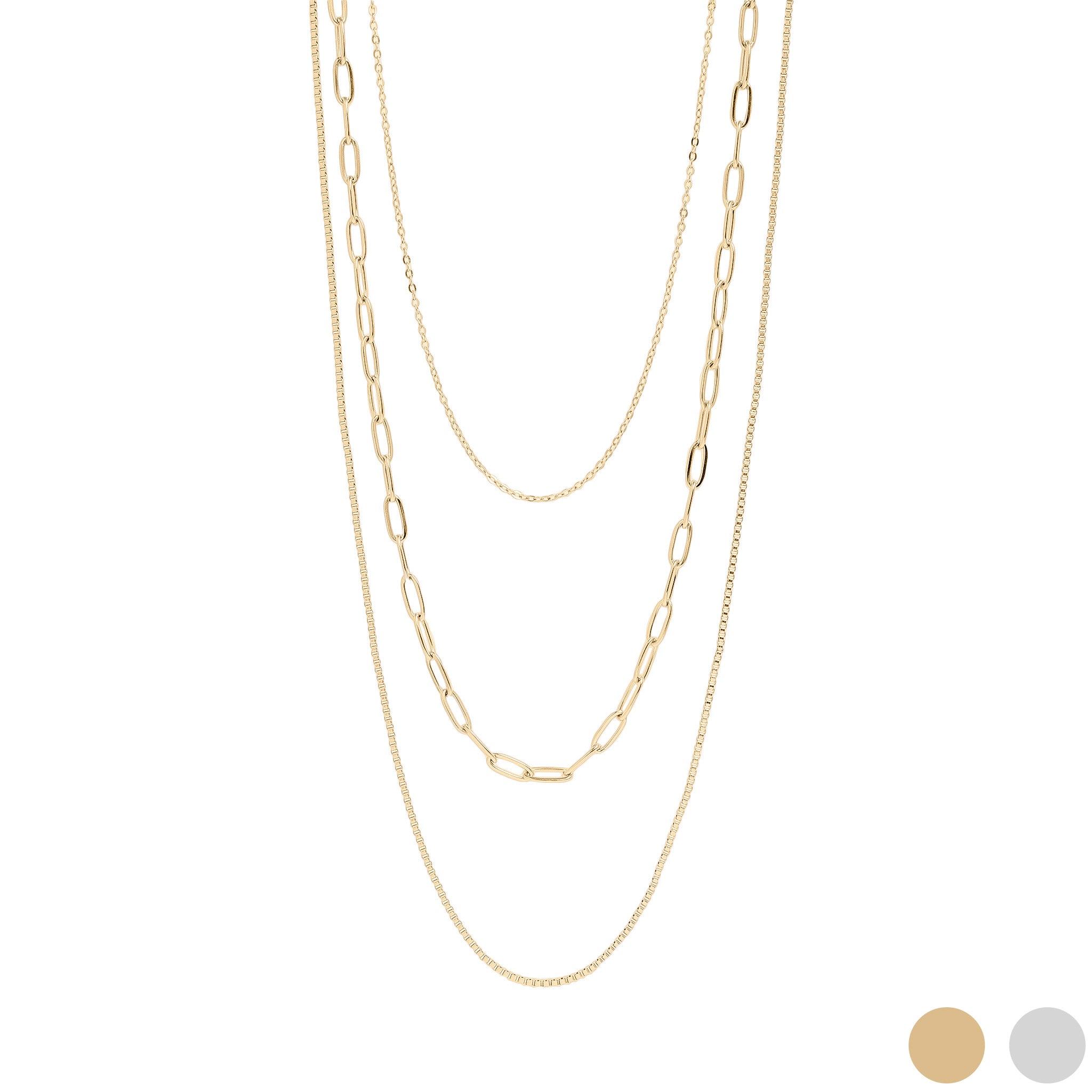 18K Gold PVD Layered Loop, Paperclip, & Box Chain Necklace 