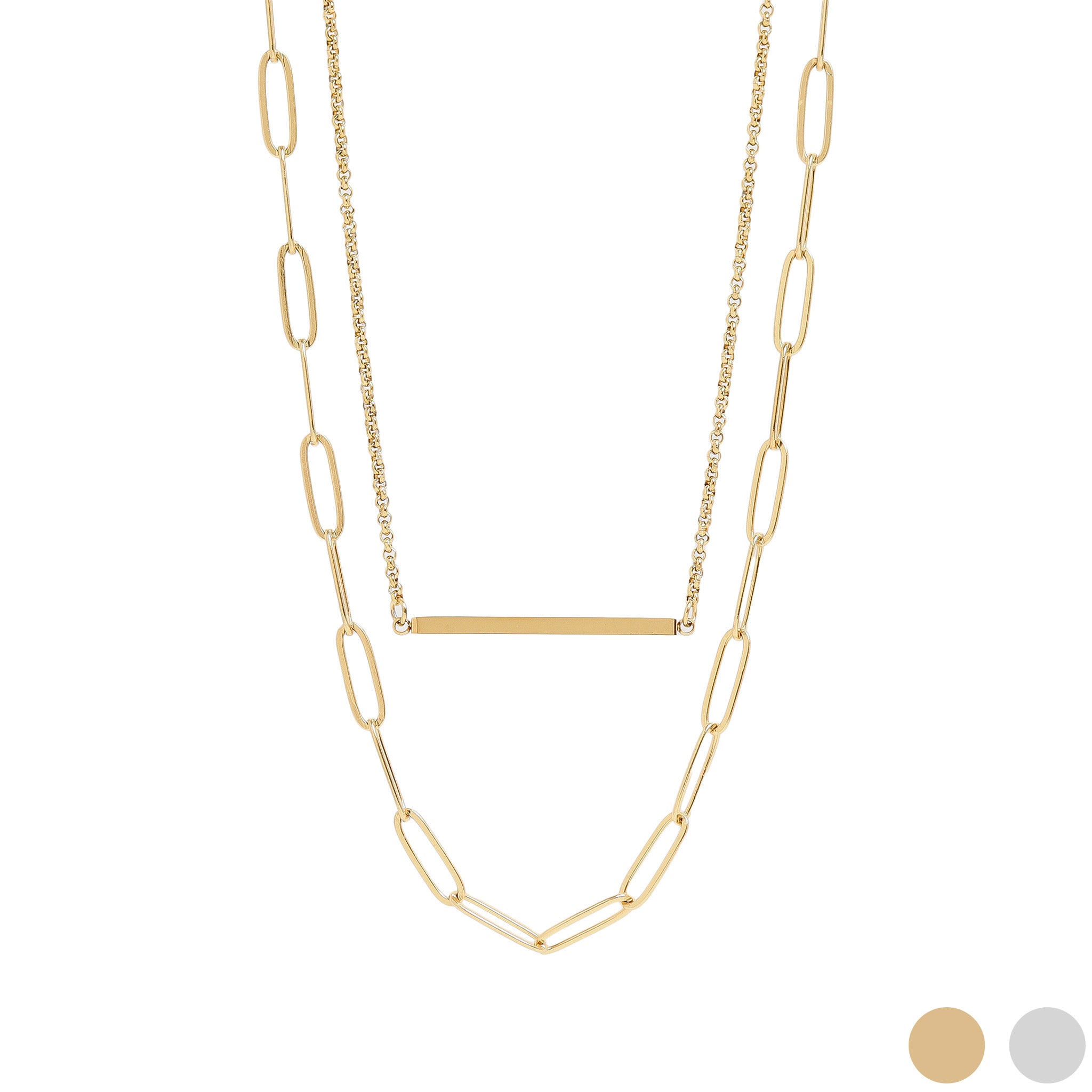 18K Gold PVD Layered Paperclip & Rolo Chain Bar Pendant Necklace