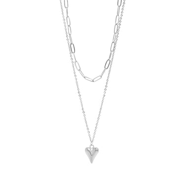 Stainless steel Layered Paperclip & Loop Chain Heart Pendant Necklace