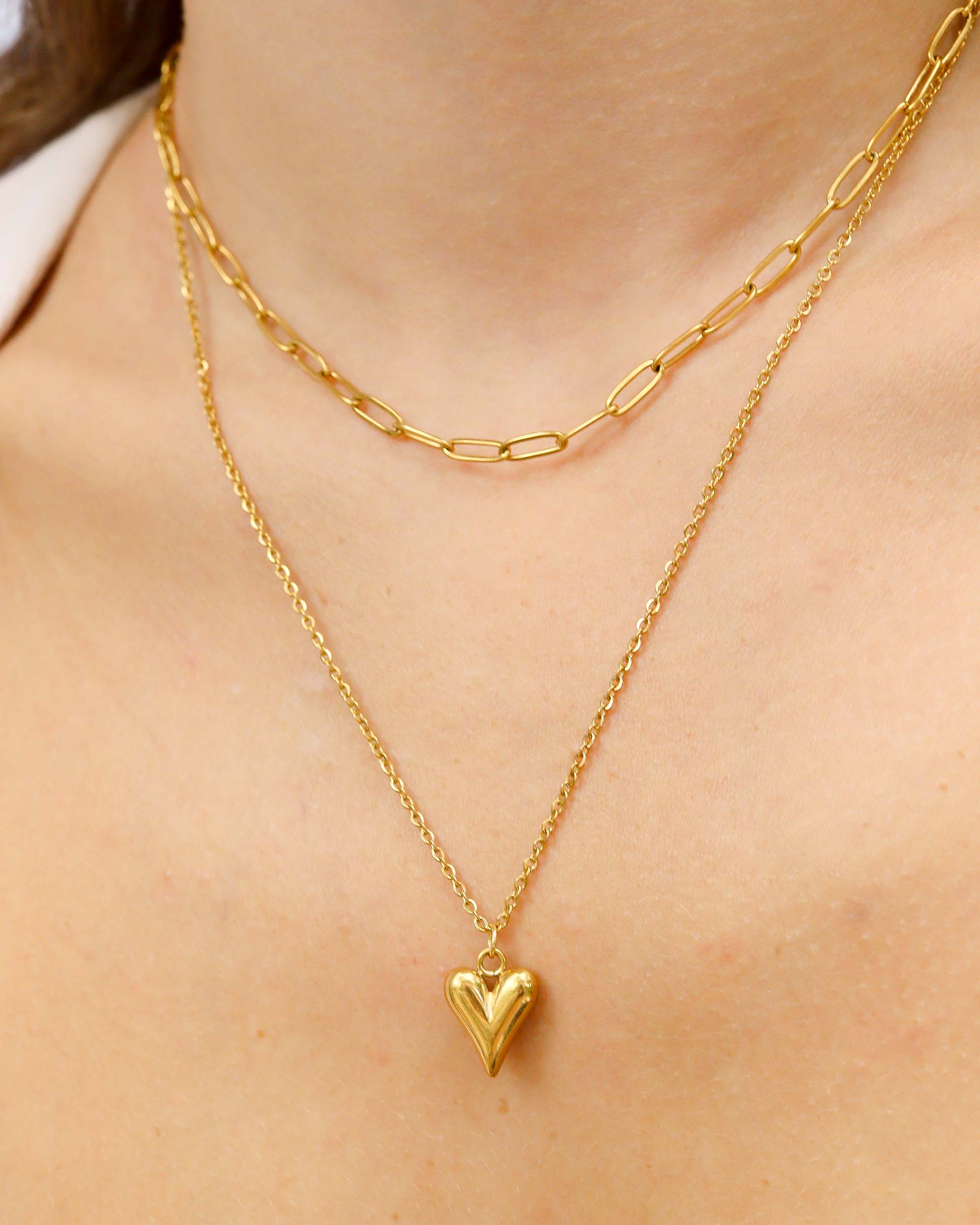 Heart Chain Loop Loop & Paperclip Layered Chain Heart Charm Necklace / CHN0026 ...