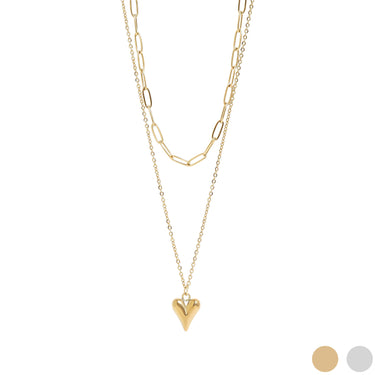 18K Gold PVD Layered Paperclip & Loop Chain Heart Pendant Necklace