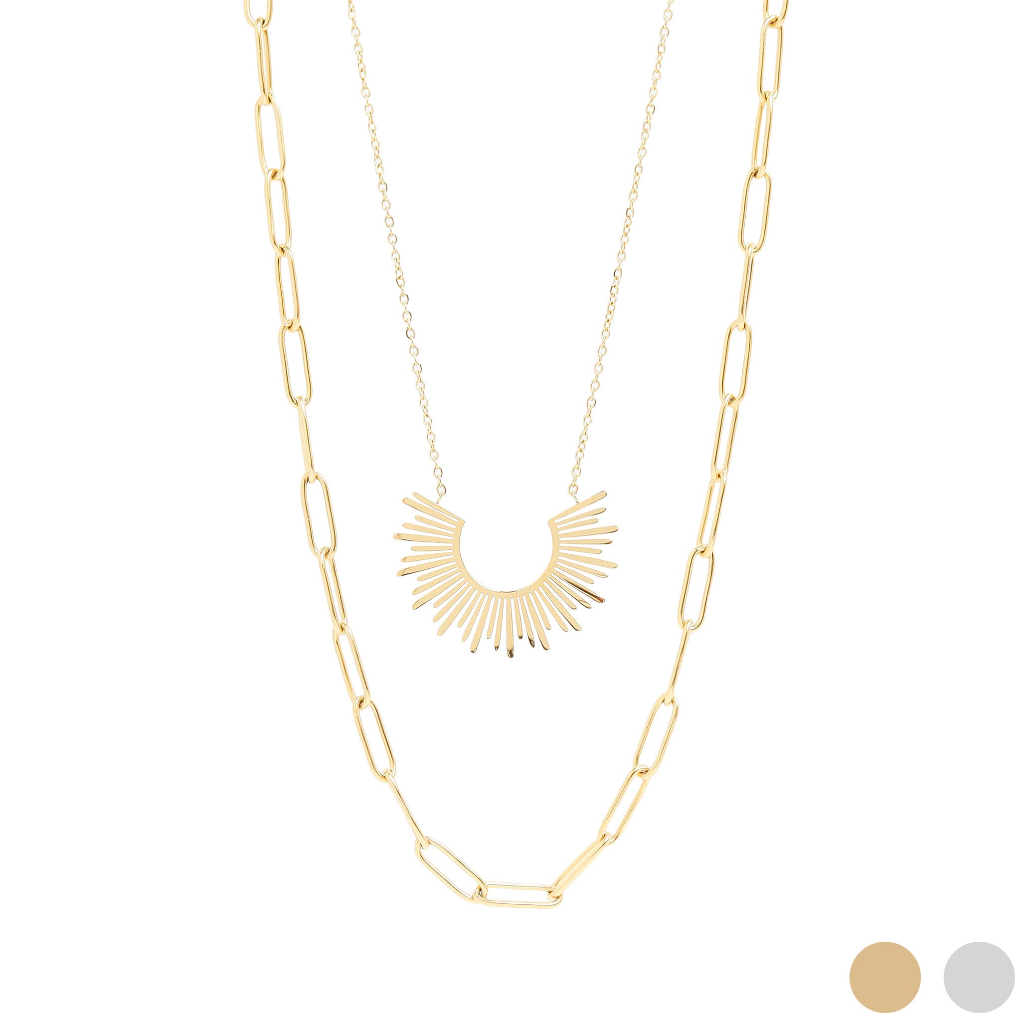 18K Gold PVD Layered Paperclip & Loop Chain Pendant Necklace
