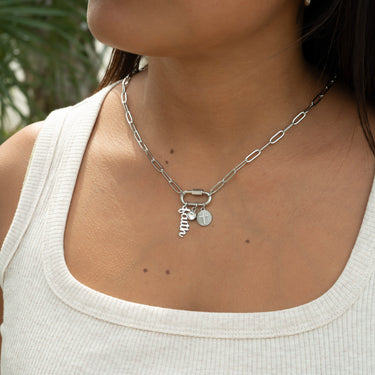 18K Gold PVD Stainless Steel Carabiner Faith Charm Paperclip Necklace