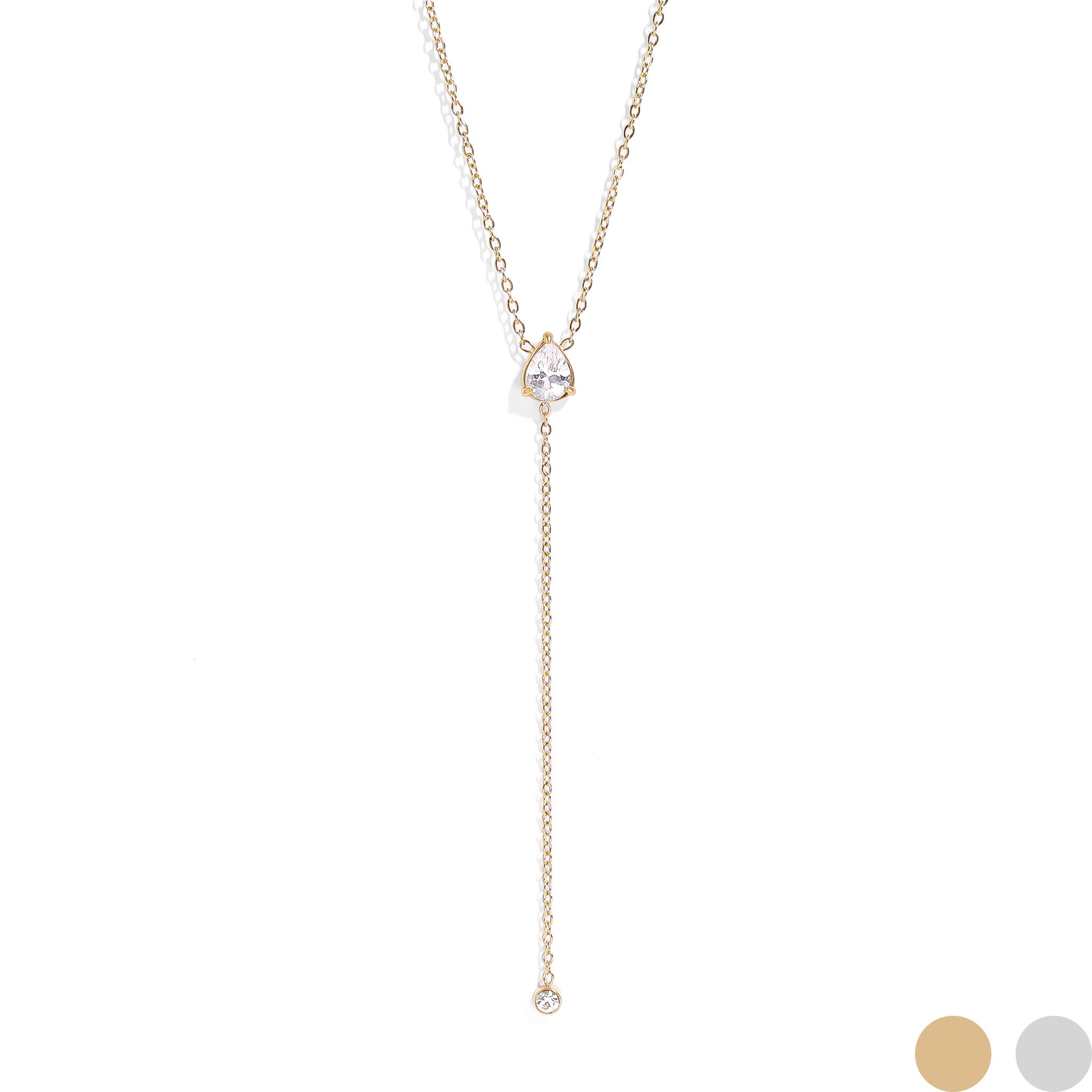 18K Gold PVD Stainless Steel Teardrop CZ Lariat Necklace