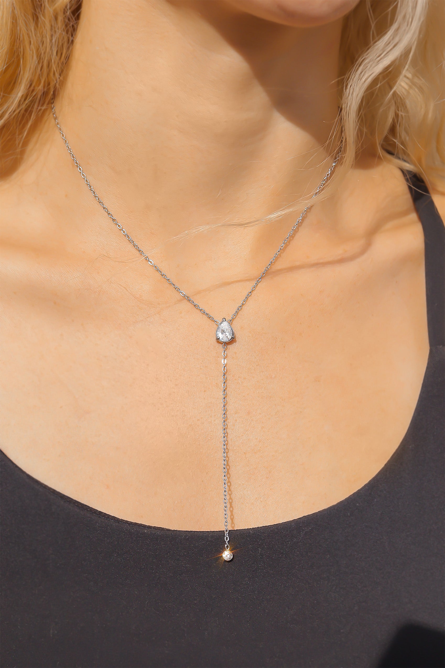 18K Gold PVD Stainless Steel Teardrop CZ Lariat Necklace / CHN0055