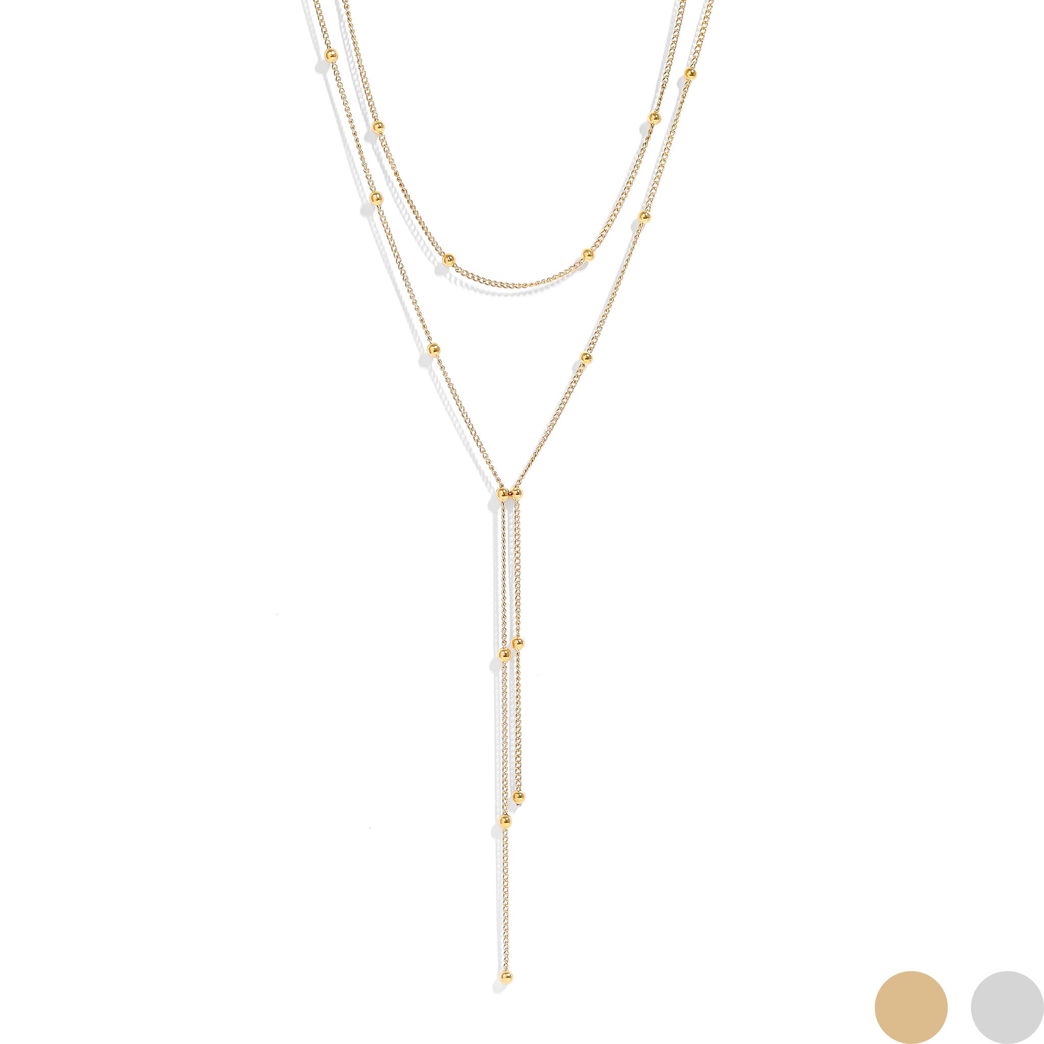 18K Gold PVD Stainless Steel Lariat Necklace Double Ball Bead
