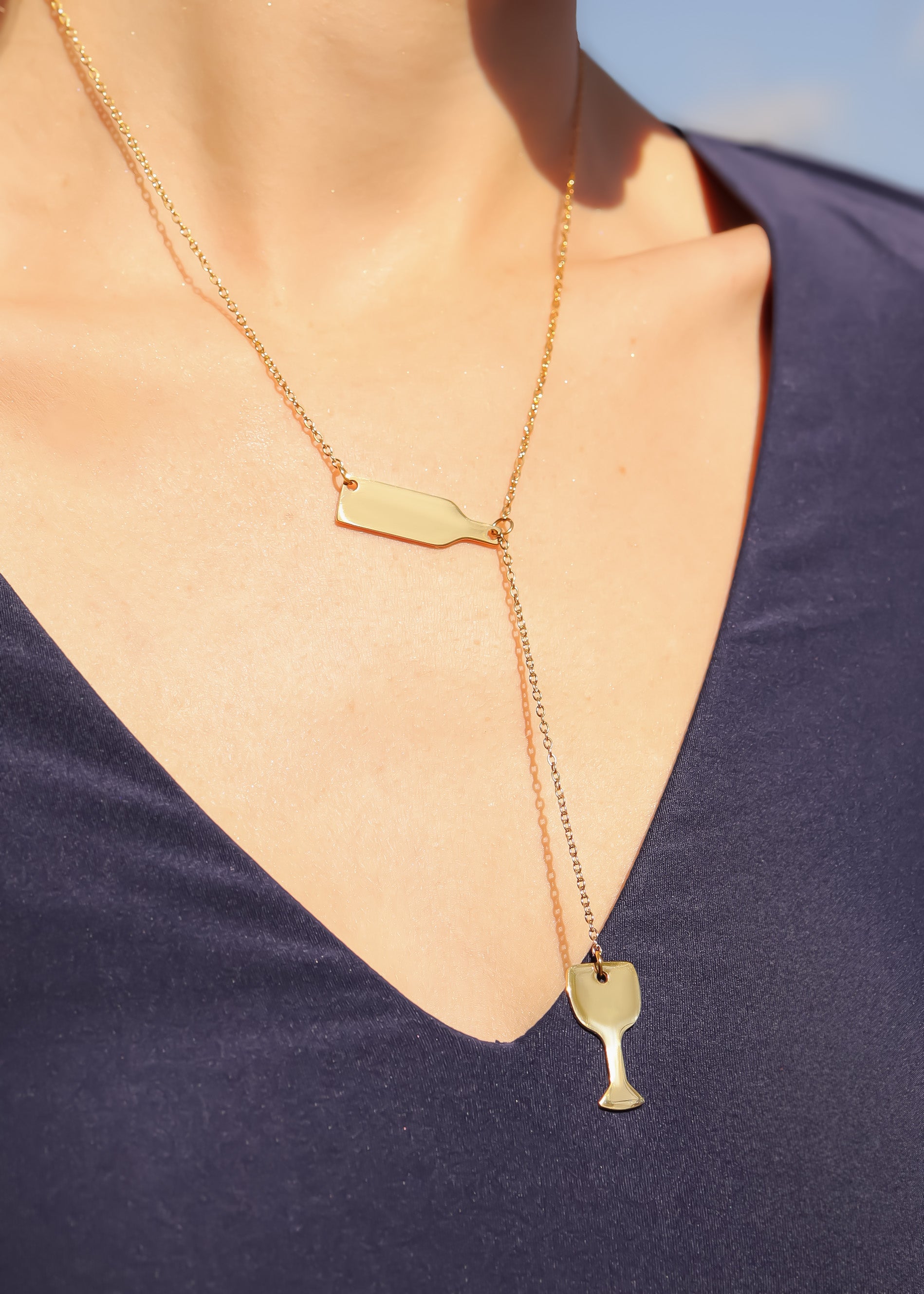 18K Gold PVD Stainless Steel Lariat Necklace Wine Glass lifestyle