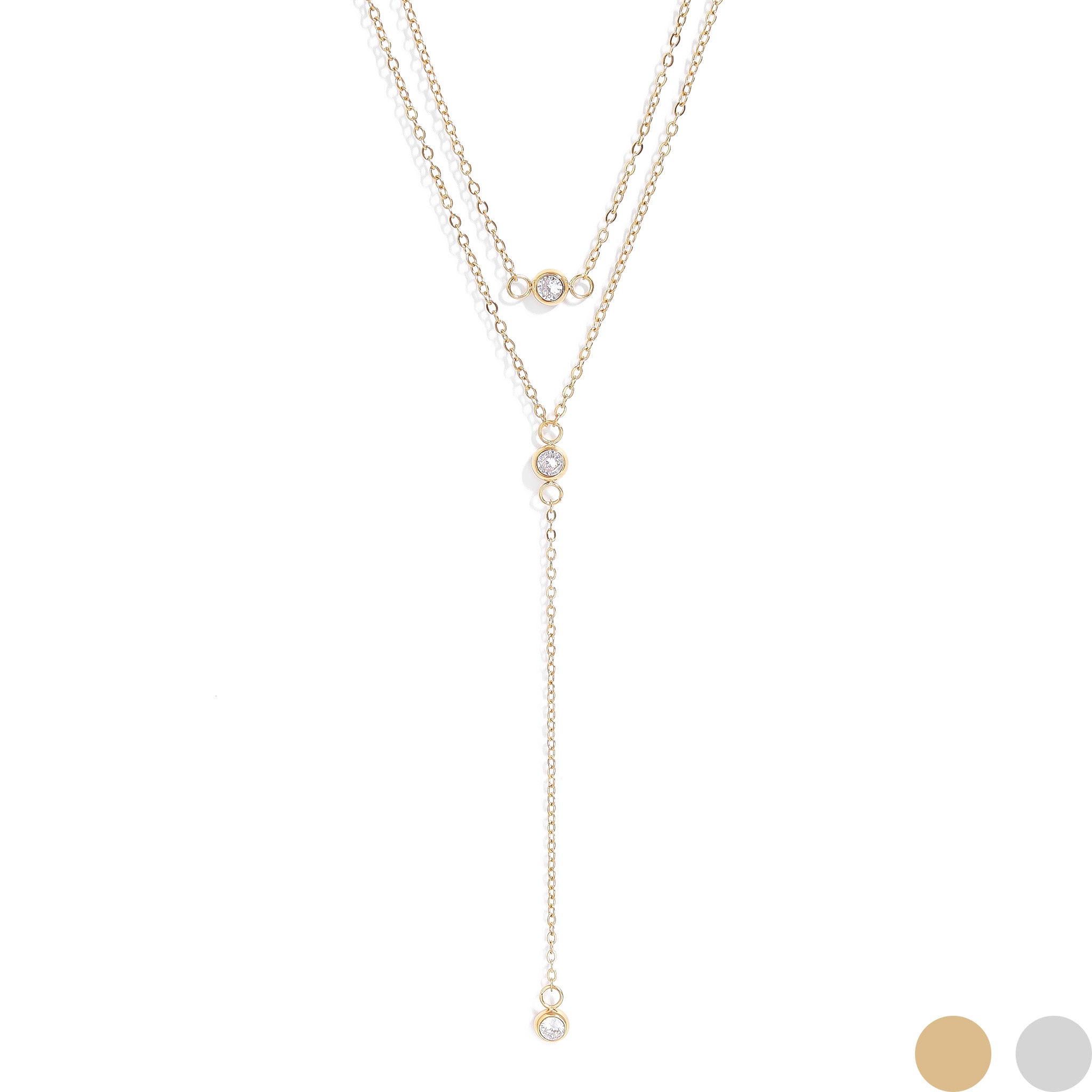 18K Gold PVD Stainless Steel Lariat Necklace CZ Stone Necklace