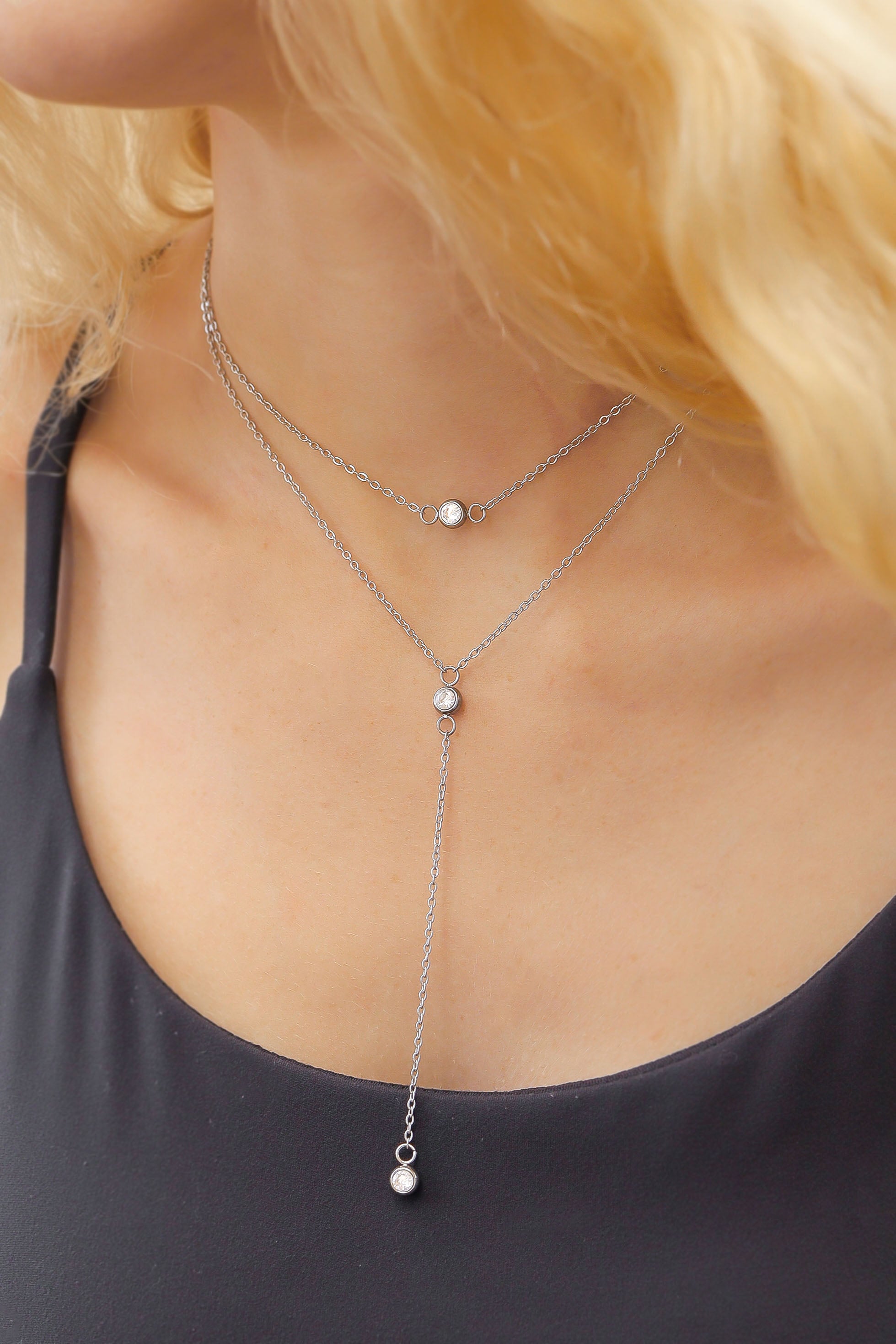 18K Gold PVD Stainless Steel Lariat Necklace CZ Stone Necklace / CHN0066