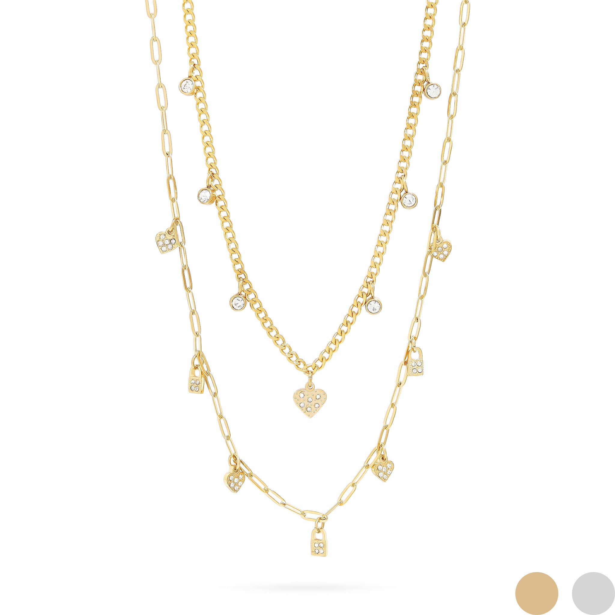 18K Gold PVD Stainless Steel 2 Row Heart & Lock Charm Necklace