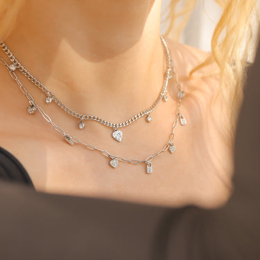18K Gold PVD Stainless Steel 2 Row Heart & Lock Charm Necklace 