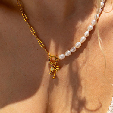 Gold Palm Tree Charm on Carabiner Chain and Pearls Necklace