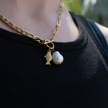 Gold Freshwater Pearl Carabiner Necklace