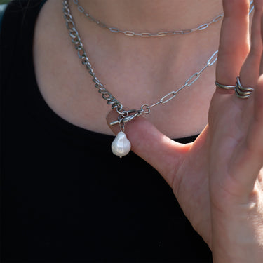 Silver Freshwater Pearl Carabiner Necklace