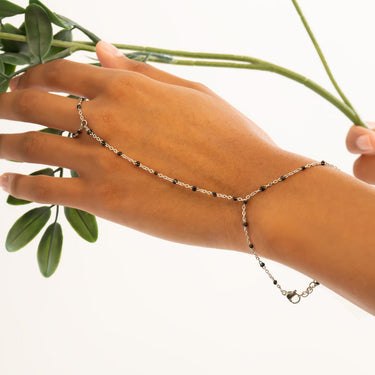 Silver - Black Beaded Hand Chain