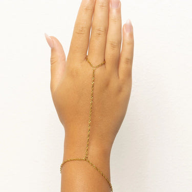 Hand wearing a gold Singapore Hand Chain on a white background