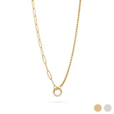 Gold necklace with a small circular pendant on a white background