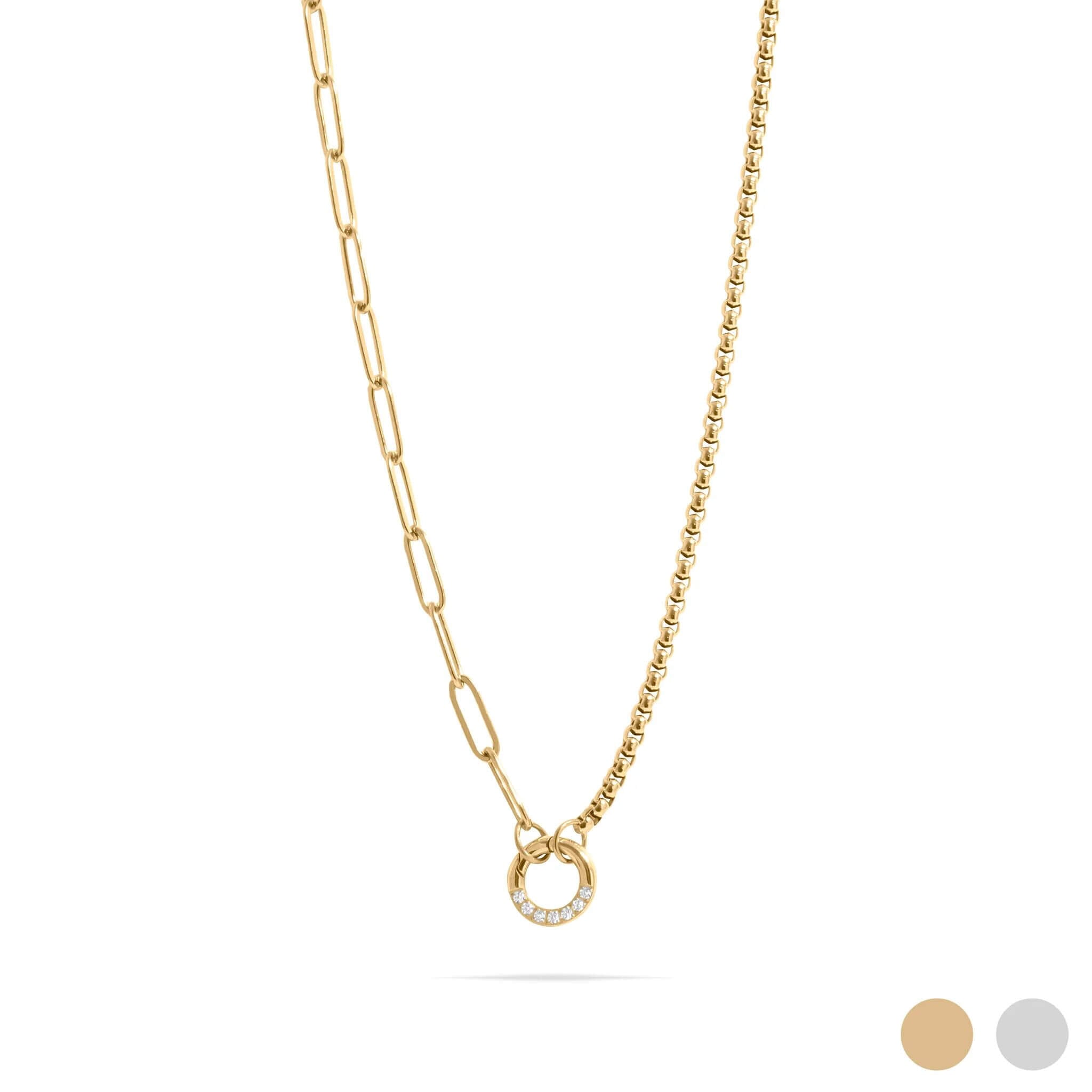 Gold necklace with a small circular pendant on a white background